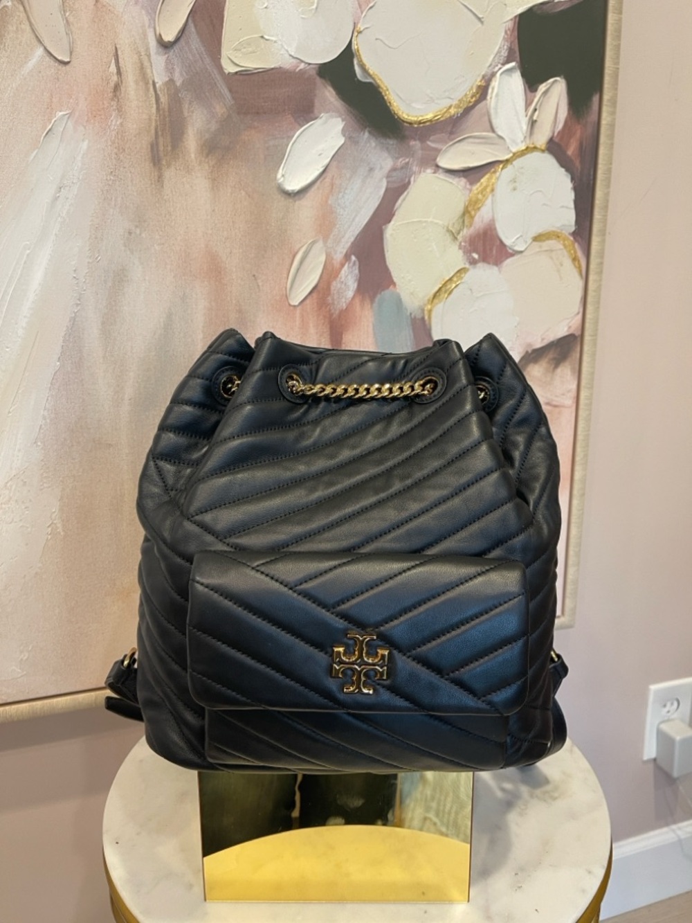 Tory Burch Quilted Black Leather Kira Chevron Backpack with Gold Hardware